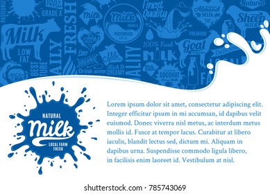 Vector milk illustration with splashes, icons and design elements.