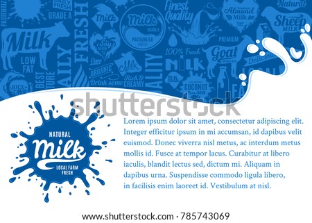 Vector milk illustration with splashes, icons and design elements.