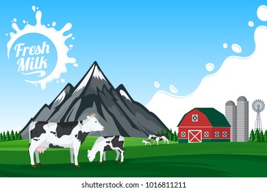 Vector milk illustration. Summer mountains landscape with farm, cows and calves.