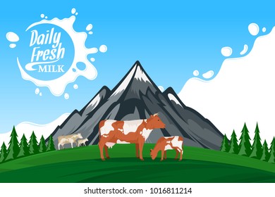 Vector milk illustration. Summer mountains landscape with cows and calves.