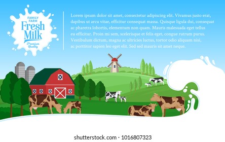 Vector milk illustration. Summer rural landscape with cows, calves and farm.