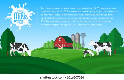 Vector milk illustration. Summer rural landscape with cows, calves and farm.