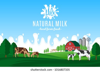 Vector milk illustration. Summer rural landscape with cows, calves and farm.
