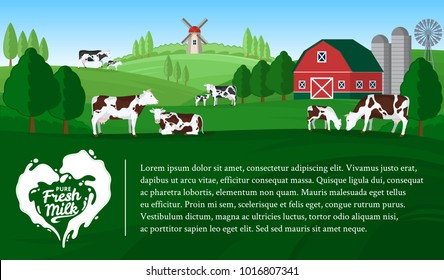 Vector milk illustration. Summer rural landscape with cows, calves and farm.