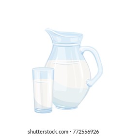 Vector milk jug and glass. Illustration of the breakfast concept for food design, milk product.