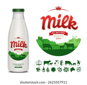 Vector milk label. Milk glass bottle with label. Dairy icons and design elements