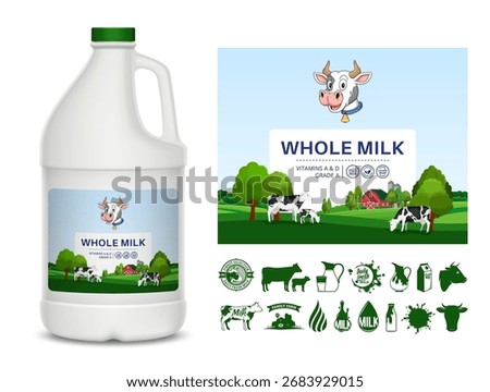 Vector milk label and jug packaging design template. Milk plastic jug mock-up