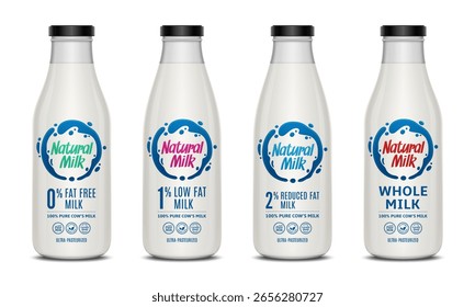 Vector milk labels and milk glass bottles