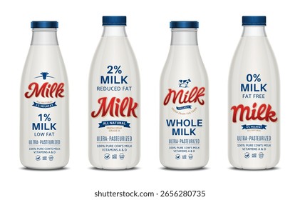 Etiquetas de leche de Vector y botellas de vidrio y plástico