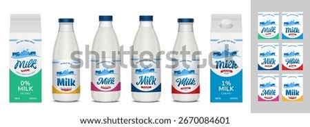 Vector milk labels on bottles, carton boxes. Whole, reduced fat, low fat, lactose free milk labels. Dairy business branding and identity design elements