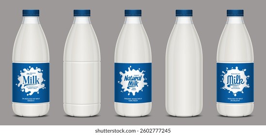 Vector milk labels with milk splashes. Plastic milk bottles with labels and unlabeled