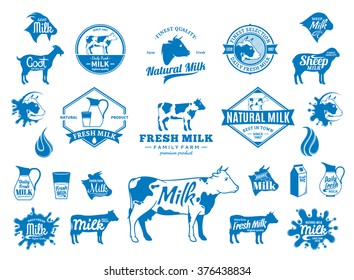 Vector milk logo, splashes, design elements and farm animals icons