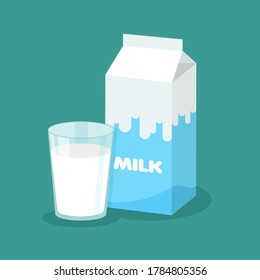 Embalaje de leche vectorial y vaso lleno de leche sobre fondo azul. Plantilla de paquete de cartón para su diseño. Ilustración vectorial.