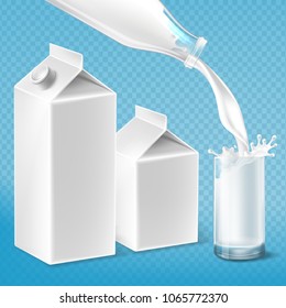 Vector milk packaging set, swirling in the glass from bottle. Mock up of farm product on blue background. Advertising poster, promo banner of natural drink, template for label