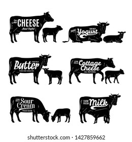 Vector milk product logo, cow and calf silhouettes in different poses isolated on white for farms, dairies, groceries, packaging, branding and advertising.