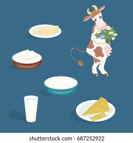 vector of milk products set and cow with flowers