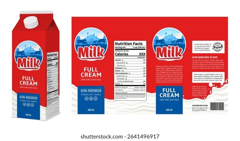 Vector milk red and blue carton box design. Full cream milk carton packaging design concept