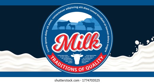Vector milk round label with cows and calves. Milk splash vector illustration. Dairy product packaging design concept