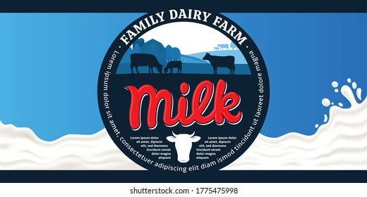 Vector milk round label and packaging design elements. Milk splash vector illustration. Dairy farm illustrations with cows and calves