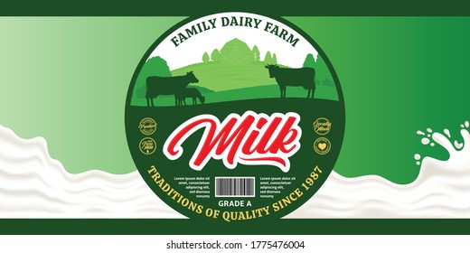 Vector milk round label and packaging design elements. Milk splash and dairy farm illustrations with cows and calves