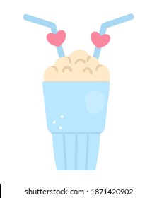 Vector milk shake in blue glass with straws. Cute drink isolated on white background. Playful Saint Valentine’s day holiday icon. 
