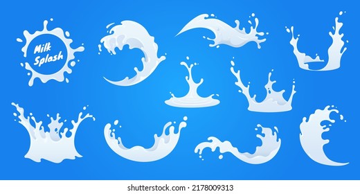 Vector milk splash collection. White milk splatter in decorative style isolated on blue background. Design element for label, ad, promo.