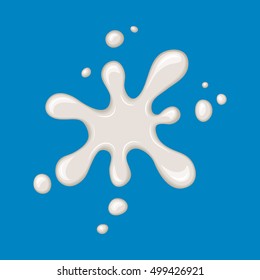 Vector milk splash. Drop of white liquid isolated on blue background. Splashing of milky drink, yogurt or cream. Cartoon design. Graphic element for banner or sticker.