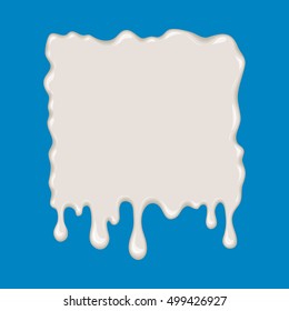 Vector milk splash. Drop of white liquid isolated on blue background. Splashing of milky drink, yogurt or cream. Cartoon design. Graphic element for banner or sticker.
