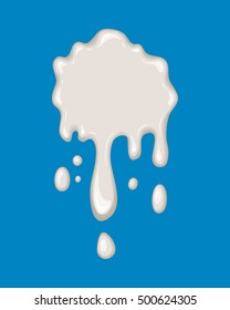 Vector milk splash. Drop of white liquid isolated on blue background. Splashing of milky drink, yogurt or cream. Cartoon design. Graphic element for banner or sticker.