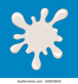 Vector milk splash. Drop of white liquid isolated on blue background. Splashing of milky drink, yogurt or cream. Cartoon design. Graphic element for banner or sticker.