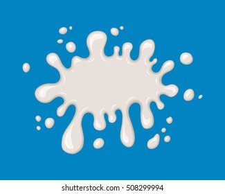 Vector milk splash. Drop of white liquid isolated on blue background. Splashing of milky drink, yogurt or cream. Cartoon design. Graphic element for banner or sticker.