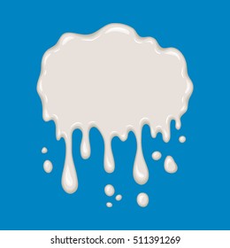 Vector milk splash. Drop of white liquid isolated on blue background. Splashing of milky drink, yogurt or cream. Cartoon design. Graphic element for banner or sticker.