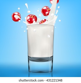 Vector milk splash in glass with cherry