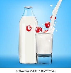 Vector milk splash in glass with cherry