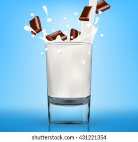 Vector milk splash in glass with chopped chocolate