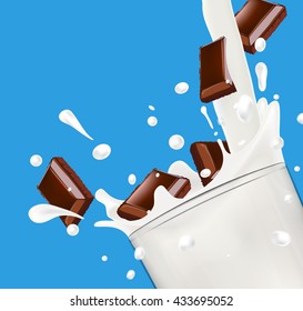 Vector milk splash in glass with chopped chocolate