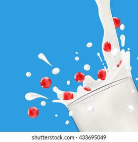 Vector milk splash in glass with red currant