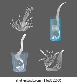 Vector milk splash pour in glass. Vector isolated transparent illustration. Dairy product, yogurt, cream, kefir, protein cocktail. Healthy vitamin food, breakfast, diet and nutrition.