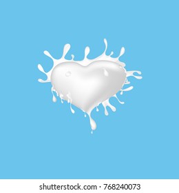 Vector of milk splash shape heart. Splash of milk on blue background.
