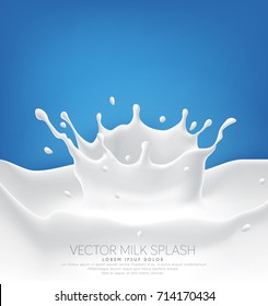 Vector milk splash with splashes isolated on a blue background. Element for design, advertising, promotion of dairy products.
