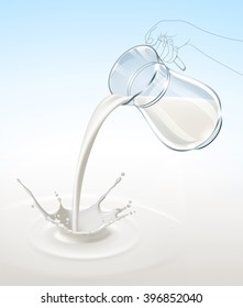 Vector Milk Splash Stream Flow from Glass Jug Close Up Isolated on Background