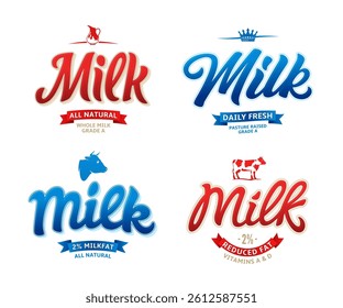 Vector milk typographic labels. Milk hand lettering for dairy product graphic design