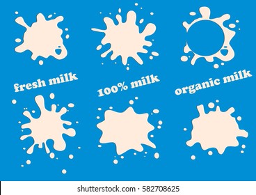 Vector milk, yogurt or cream logo, icons and splashes for grocery, agriculture store, packaging and advertising.