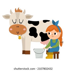 Vector milkmaid icon. Farmer girl milking cow. Cute kid doing agricultural work. Rural country scene. Child with cute animal. Funny farm illustration with cartoon characters
