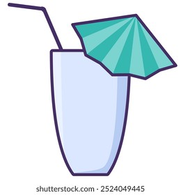 Vetor milkshake ou coquetel de vidro com um tubo e um coquetel guarda-chuva para milkshakes, suco, coquetéis em um estilo de contorno brilhante