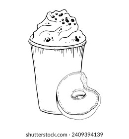 Vector milkshake with whipped cream, chocolate chips and bitten glazed donut black and white graphic illustration. Cold summer drink and sweet delicious dessert