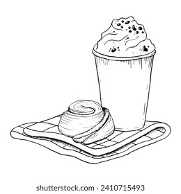Vector milkshake with whipped cream and cinnamon rolled bun with spoon and napkin black and white illustration. Fast food sweet delicious dessert
