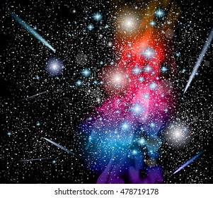 Vector Milky Way Galaxy Illustraton with rainbow colors, millions of stars and light points.