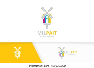 Vector mill and brush logo combination. Farm and paintbrush symbol or icon. Unique windmill and print logotype design template.