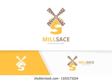 Vector mill and hands logo combination. Farm and hug symbol or icon. Unique windmill and embrace logotype design template.